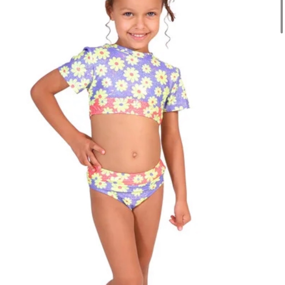 Peek Kids Luxury Swim Set - Purple and Yellow Metallic Daisies Swimsuit